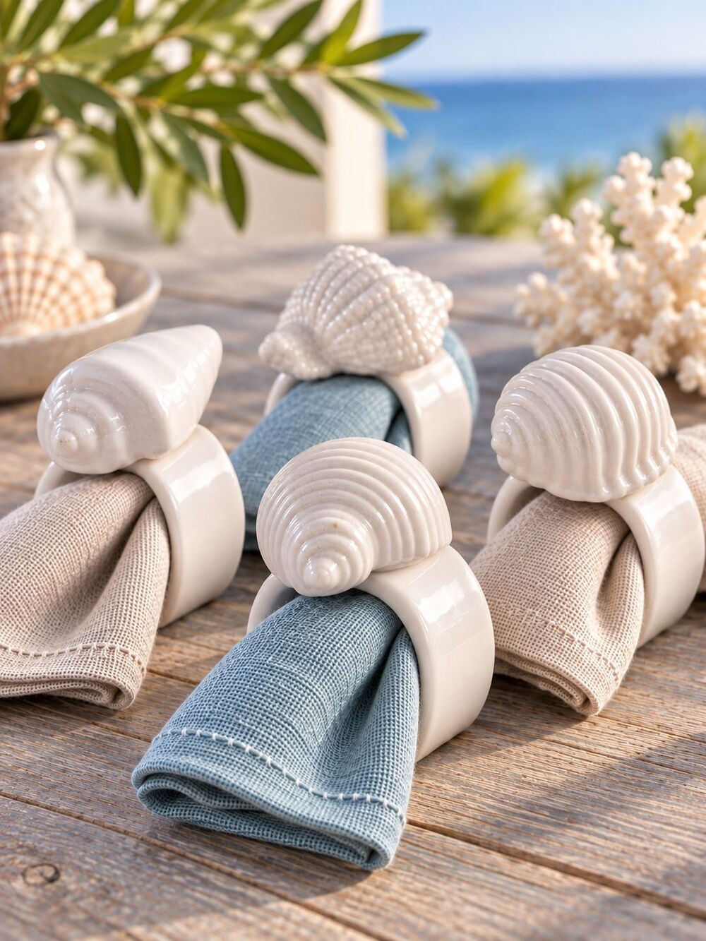 Set of 4 White Ceramic Seashell Napkin Rings Coastal Beach Table Decor